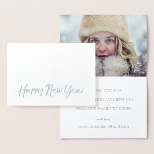 GOTT NYTT ÅR Elegant Script Helgdag Photo SILVER Folierat Kort