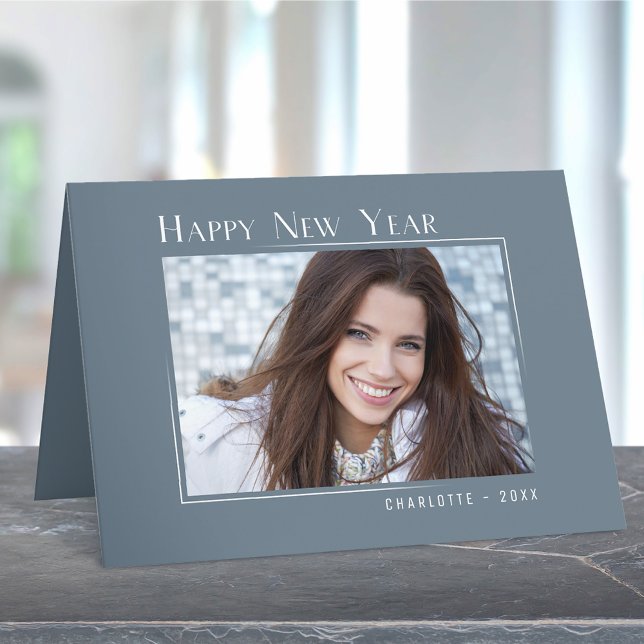 Gott nytt år Elegant Simple Slate Blue Photo Helgkort (Available in high quality print or digital download for quick text messaging, email or self print.)