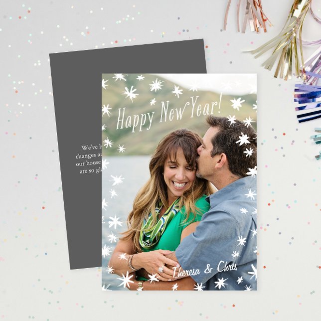 Gott nytt år-färgade stjärnor, vitt, platt foto-ko inbjudningar (Skapare uppladdad)