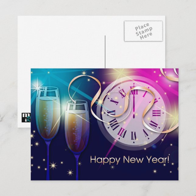 Gott nytt år. Fireworks och Coundown Clock Helg Vykort (Fram/baksida)
