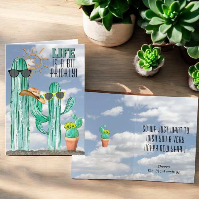 Gott nytt år Funny Southwest Saguaro Cactus Helgkort (fun cactus greeting card cover and inside template)