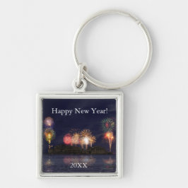 Gott nytt år fyrkantig silverfärgad nyckelring