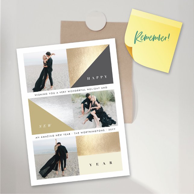 Gott nytt år Guld blockerar 3 fotomagnetiskt kort (Happy New Year Stylish Faux Gold / Silver Foil Blocks 3 Photo Magnetic Card @ fat_fa_tin)