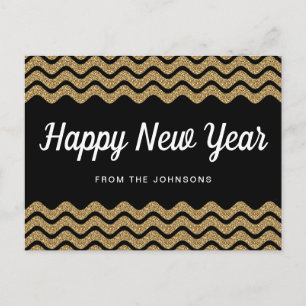 Gott nytt år Guld Glitter Black Chevron Rand Helg Vykort