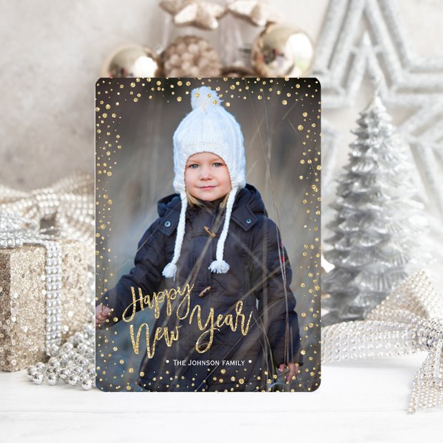 Gott nytt år | GULD | Glitter-punkter | Fotokort Julkort (Happy New Year | Gold | Glitter Dots | Photo Card)