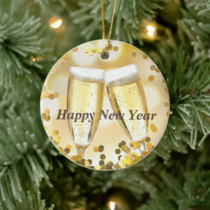 Gott nytt år Guld Gnistra Champagne Julgransprydnad Keramik
