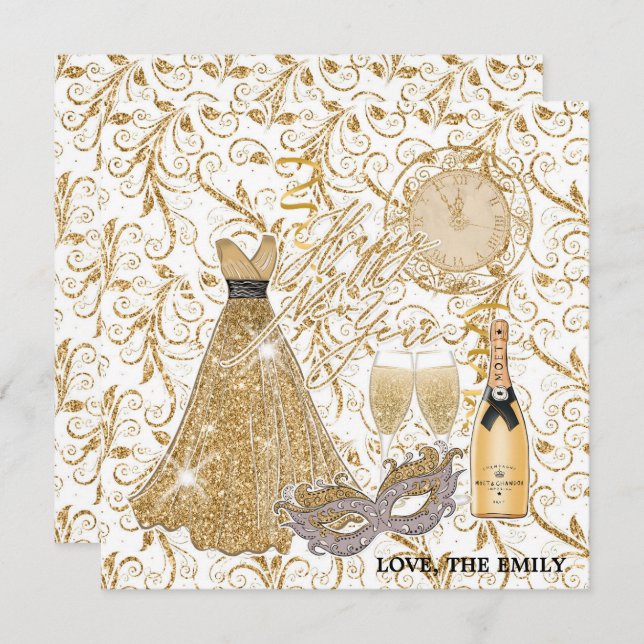 Gott Nytt År Guld Julkort (Fram/baksida)