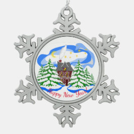 Gott nytt år hälsning snöflinga pewter julgransprydnad