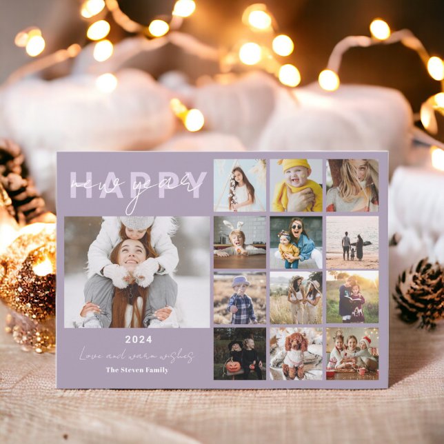 Gott nytt år i granskningsskript 15 foton lavender julkort (Happy New Year in review script 15 photos lavender Holiday Card)