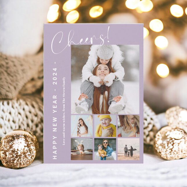 Gott nytt år i recensionssalen 9 fotolavender julkort (Happy New Year in review cheers 9 photo lavender Holiday Card)