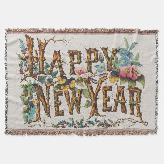 Gott Nytt År i Trädstammar, Ekollon och Blommor Filt (Framsidan)