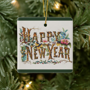 Gott Nytt År i Trädstammar, Ekollon och Blommor Julgransprydnad Keramik