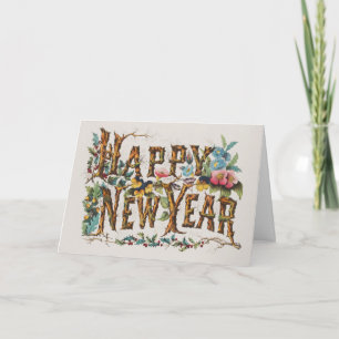 Gott Nytt År i Trädstammar, Ekollon och Blommor Kort