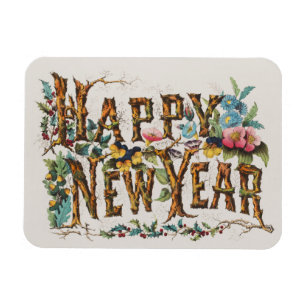 Gott Nytt År i Trädstammar, Ekollon och Blommor Magnet