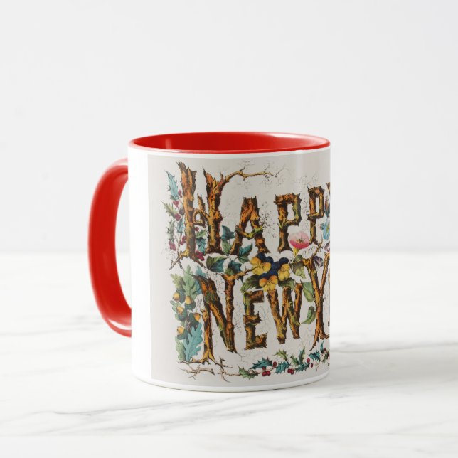 Gott Nytt År i Trädstammar, Ekollon och Blommor Mugg (Framsida vänster)