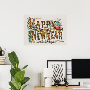 Gott Nytt År i Trädstammar, Ekollon och Blommor Poster