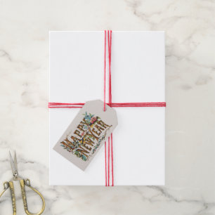 Gott Nytt År i Trädstammar, Ekollon och Blommor Presentetikett