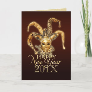Gott nytt år Jester Venetian Mask-kort Helgkort