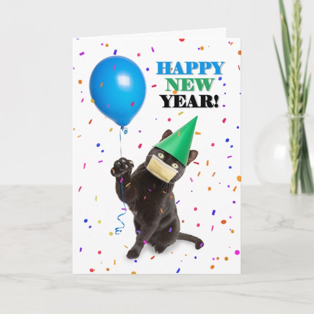 Gott Nytt År Katt i Coronavirus Ansiktsmask Humor Helgkort (Framsida)