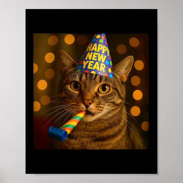 Gott Nytt År Katt Rolig Festhatt Kattdjur Meme Cel Poster (Framsidan)