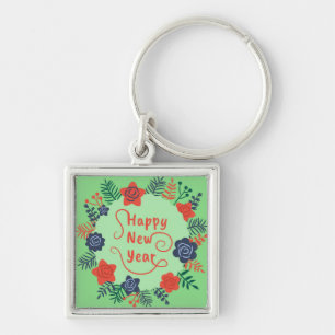 GOTT NYTT ÅR KEYCHAIN FYRKANTIG SILVERFÄRGAD NYCKELRING