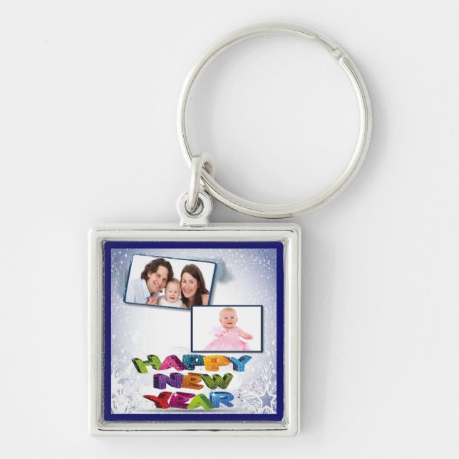 Gott nytt år Lägg till din fotonyckelkedja Fyrkantig Silverfärgad Nyckelring (Framsidan)