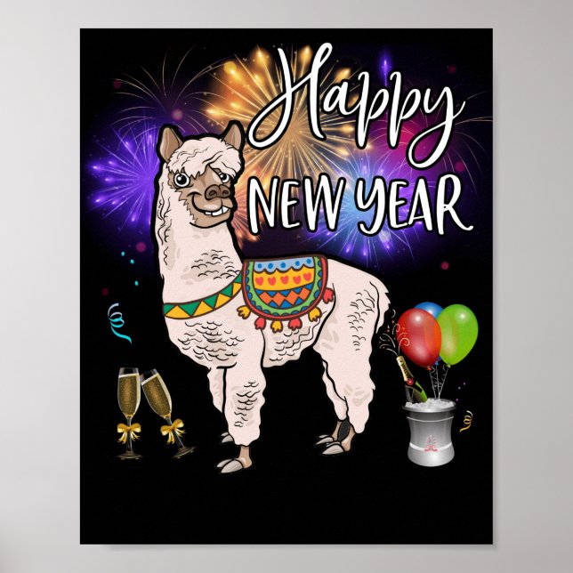 Gott nytt år Llama Alpaca Fireworks Poster (Framsidan)