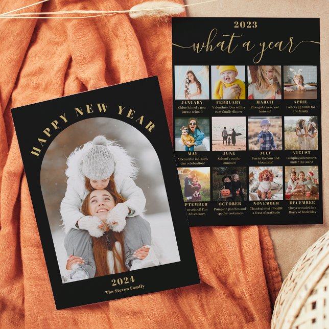 Gott nytt år-matchningsåret i recension 13 foton s julkort (Happy New Year arch year in review 13 photos black Holiday Card)