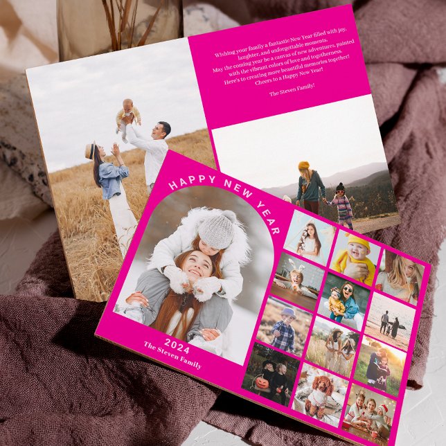 Gott nytt år-matchningsåret i recension 15 foton r julkort (Happy New Year arch year in review 15 photos pink Holiday Card)