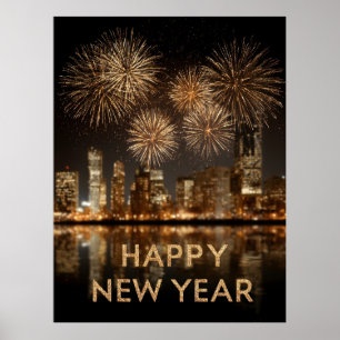 "Gott nytt år" med Fireworks över en stad Poster