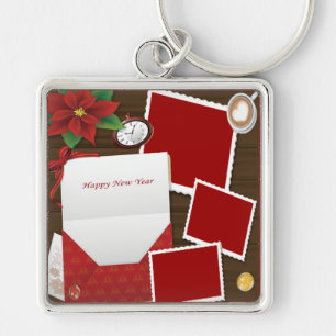 Gott nytt år med Holly Add Photos Keychain Fyrkantig Silverfärgad Nyckelring