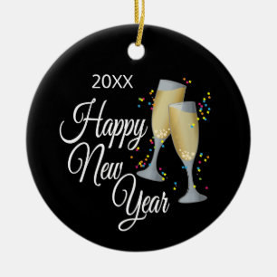 Gott nytt år mig champagneexponeringsglas och julgransprydnad keramik