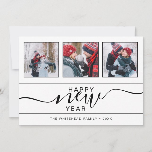 gott nytt år Modern 3-fotoutskrift Julkort (Framsida)