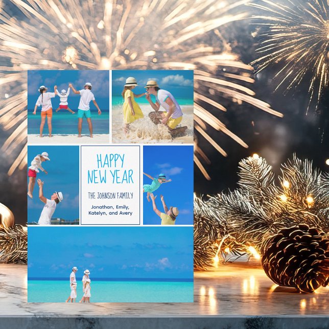 Gott nytt år Modern 5 familjefotocollage Julkort (Skapare uppladdad)
