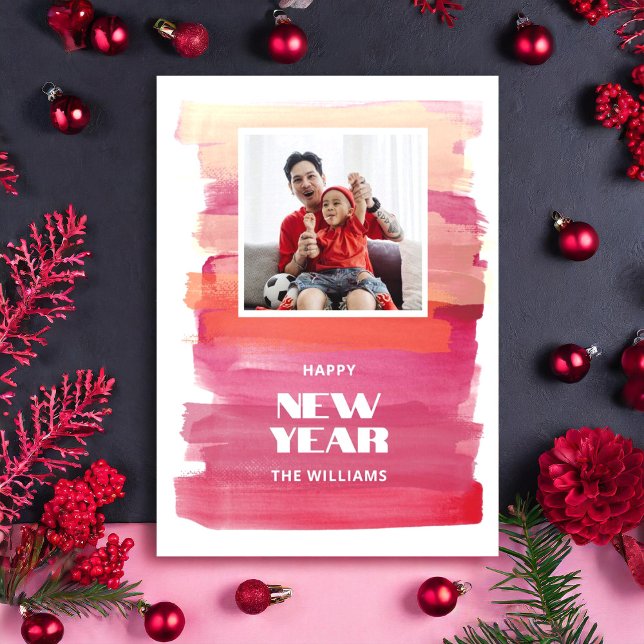 Gott Nytt År Modern Akvarell Rosa Jul Julkort (Happy New Year Modern Watercolor Pink Christmas Holiday Card)