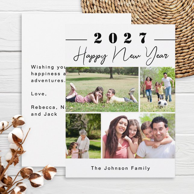 Gott Nytt År Modern Anpassad 4 Foto Collage Julkort (A modern New Year card with script typography, family name, 4 photos and your message on the back)