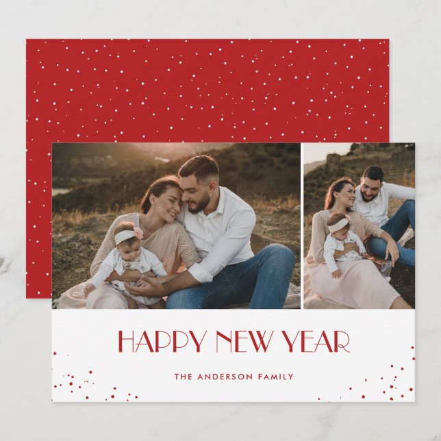 Gott nytt år Modern Red Snowy 2 Photo Julkort (Fram/baksida)