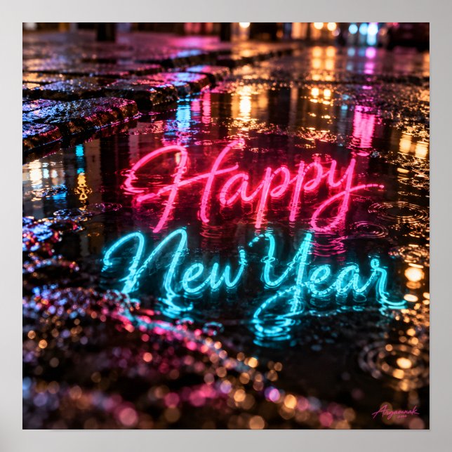 Gott Nytt År Neon Pöl Reflektion  Poster (Framsidan)