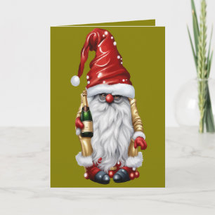 Gott Nytt År Nisse Tomte Gonk Håller En Flaska Helgkort
