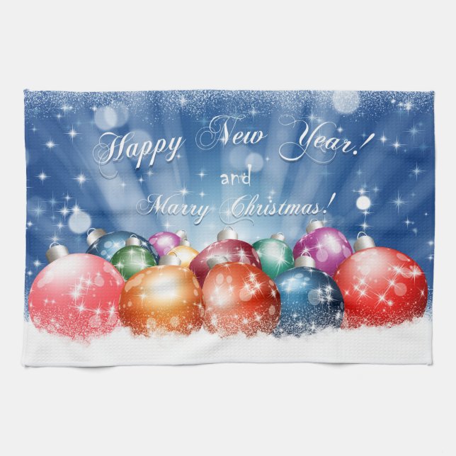 Gott nytt år- och god julbaubles kökshandduk (Horisontell)