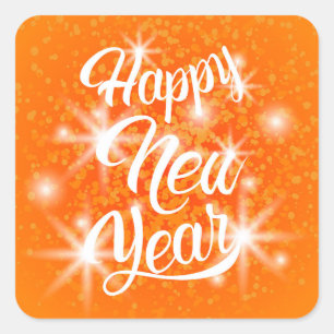 Gott nytt år Orange Watercolor Splatter Fyrkantigt Klistermärke