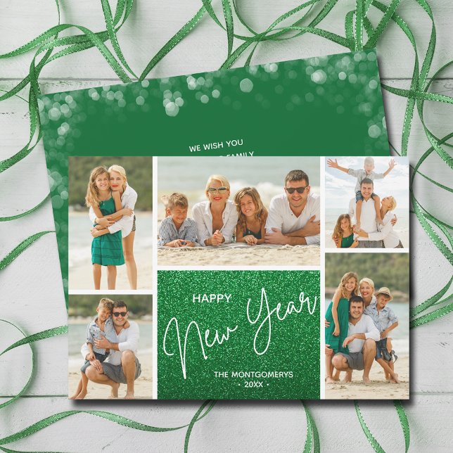 Gott nytt år på multifoto för Grönt Julkort (Happy New Year on Green Multi Photo Holiday Cards)