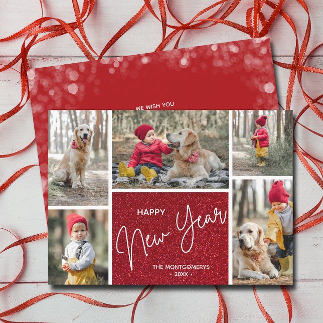 Gott nytt år på Red Multi Photo Julkort (Happy New Year on Red Multi Photo Holiday Cards)