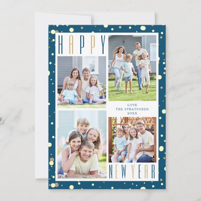 GOTT NYTT ÅR Photo Collage Blue Guld Confetti Julkort (Framsida)