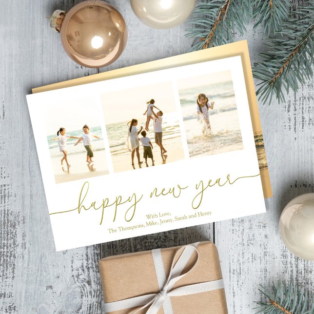 Gott nytt år Photo Guld Calligraphy Julkort (Happy New Years photo cards with gold calligraphy script. )