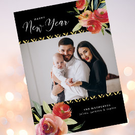 Gott nytt år Photos Watercolor Blommigt Guld Black Julkort