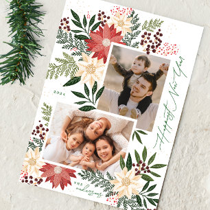 Gott nytt år Poinsettia Collage Photo Julkort