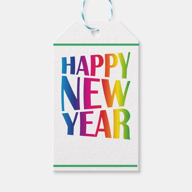 Gott nytt år presentetikett (A vibrant, colorful New Year tag featuring the words 'HAPPY NEW YEAR' in a bold, playful font.)