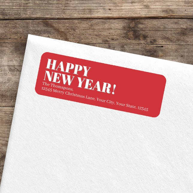 Gott nytt år Red and White Returadress Etikett (Happy New Year custom return address label.)