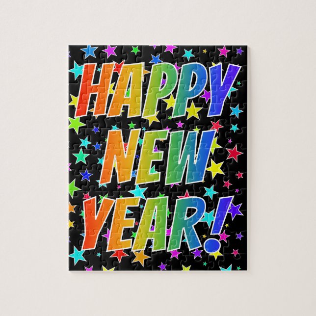 "GOTT NYTT ÅR!", Regnbågetext, stjärnamönster Pussel (Vertikal)